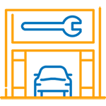 Icon of a yellow building with a blue wrench as the logo and a blue car inside