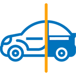 Car icon with front have transparent, a yellow line in the middle and the back end of the car colored in blue